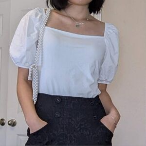 H&M Puff Sleeve White Top White Size Small Square Neckline Knit Poplin Sleeves